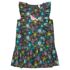 Vestido sin mangas con flores all over y pájaro bordado 