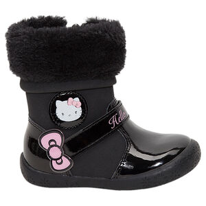Botines de charol negros de Hello Kitty con el cuello de pelo sintético  