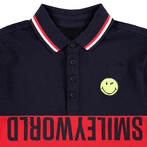 Polo de manga larga bicolor con inscripción y parche de ©Smiley  