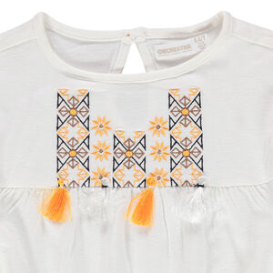 Blouse en coton à broderies style ethnique et pompons 