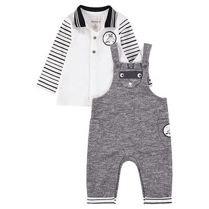 Conjunto de polo de manga larga con parche y peto jaspeado con bolsillos 