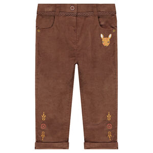 Pantalón slim de terciopelo con cervatillo bordado y ribete de encaje  