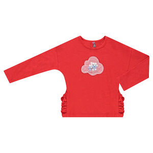 Camiseta de manga larga con volantes y pompones y aplicaciones de rejilla 