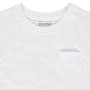 Camiseta de manga corta de rayas de fantasía y bolsillo con estampado de palmera 