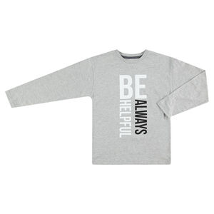 Camiseta de manga larga gris con texto estampado 