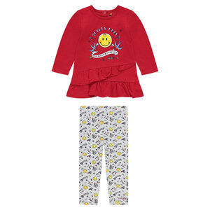 Conjunto de túnica con volantes y estampado ©Smiley y leggings con estampado all over 