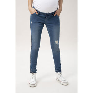 Vaqueros de premamá slim con efecto desgastado y bandas estampadas en aplicación 