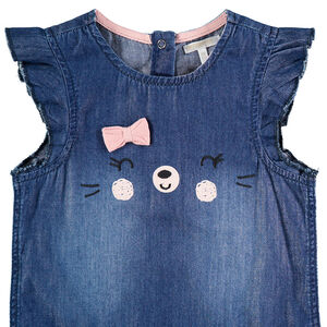 Vestido con efecto vaquero de manga corta con volantes y detalles bordados 