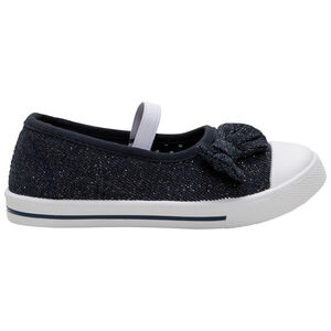 Merceditas de tela azul melange con hilos brillantes, lazo y tira elástica 