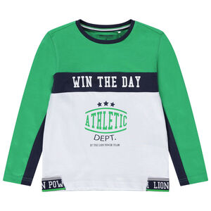 Camiseta de manga larga de punto tricolor con inscripciones estampadas 