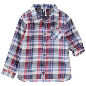 Camisa de manga larga remangable de cuadros y bolsillo 