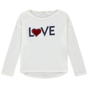 Camiseta de manga larga lisa con mensaje estampado y corazón de terciopelo 