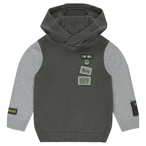 Jersey con capucha de punto de fantasía con parches cosidos 