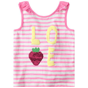 Camiseta de punto de rayas con fruta de lentejuelas mágicas  