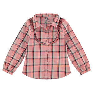 Camisa de manga larga de cuadros con abertura con volantes 