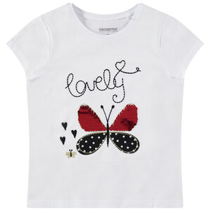 Camiseta de manga corta lisa con mariposa de lentejuelas 