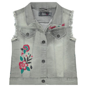 Chaleco vaquero de efecto desgastado con bordados de flores 