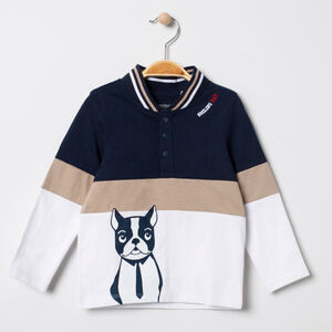 Polo tricolor cuello teddy estampado bulldog francés  