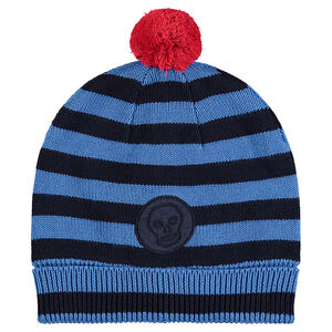 Gorro de punto de rayas con forro de micropolar y pompón 