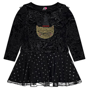 Vestido bimaterial especial Halloween con estampado de gato con lentejuelas mágicas 