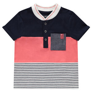 Polo de manga corta bicolor con rayas estampadas y bolsillo de cambray 
