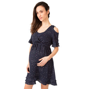 Vestido de premamá con hombros de punto calado y estampado all over 