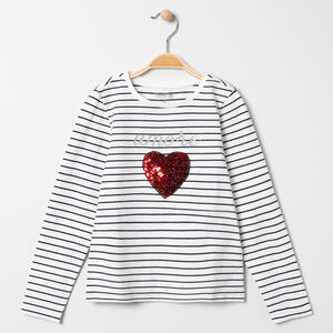 Camiseta de manga larga de raya con corazones de lentejuelas  