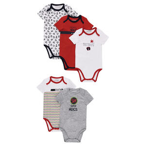 Juego de 5 bodies de manga corta de punto con mensajes y dibujos estampados 