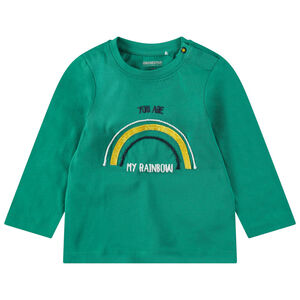 Camiseta de manga larga de punto con arcoíris y mensaje en la espalda 