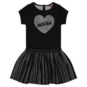 Vestido de manga corta bimaterial con corazones de lentejuelas mágicas 