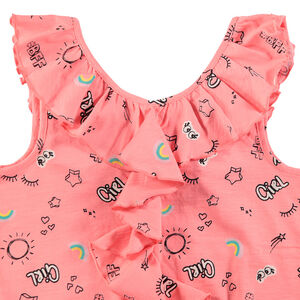 Mono corto sin mangas con estampado all-over y cuello con volante 