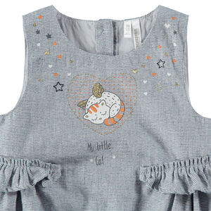 Vestido sin mangas de punto de fantasía con gato estampado y toques brillantes 
