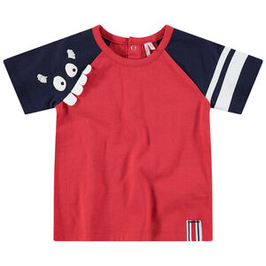 Camiseta de manga corta bicolor con monstruo estampado y dientes de relieve 
