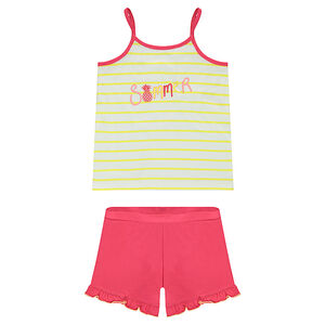 Pijama de jersey con camiseta sin mangas de rayas y pantalón corto liso  Main Pijama de jersey con camiseta sin mangas de rayas y pantalón corto liso