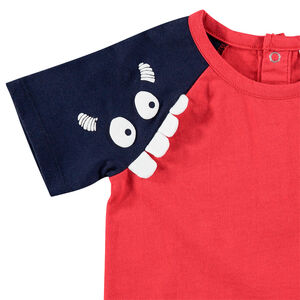 Camiseta de manga corta bicolor con monstruo estampado y dientes de relieve 