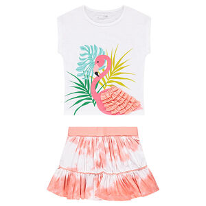 Conjunto de camiseta con estampado de flamenco rosa y efecto shibori 