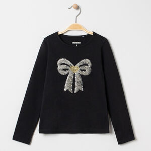T-shirt manches longues à noeud en sequins argentés pour enfant fille 