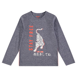 Júnior - Camiseta de manga larga de punto jaspeado con tigre y tectos estampados 