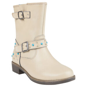 Botines con hebillas de cuero beige con remaches de color turquesa 