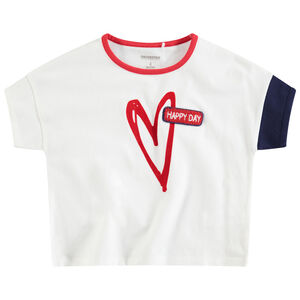 Camiseta de manga corta de punto con corazón estampado y parche de rizo 