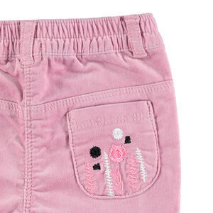 Pantalón de terciopelo raso con forro de punto y bolsillos con bordados 