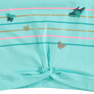 Camiseta de manga corta con volantes y rayas con mariposas estampadas de lentejuelas  Main Camiseta de manga corta con volantes y rayas con mariposas estampadas de lentejuelas