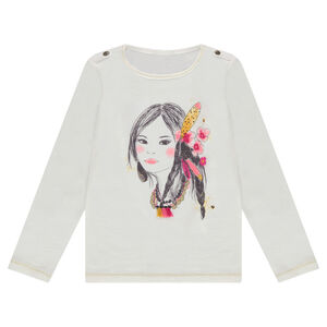 Camiseta de manga larga de punto con princesa estampada y pompones de relieve 