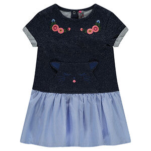 Robe manches courtes bi-matière avec fleurs brodées 