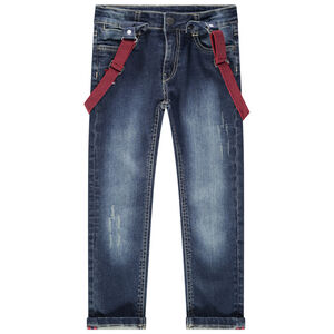 Vaqueros efecto desgastado con tirantes elásticos en los hombros 