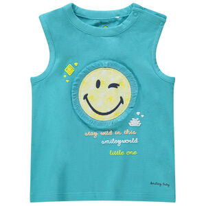Camiseta de punto azul con parche de ©Smiley con flecos 