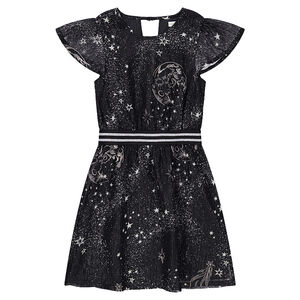 Vestido con volantes con dibujo de galaxia y elástico de rayas brillante 
