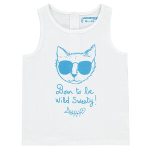 Camiseta lisa con gato y mensaje estampados 