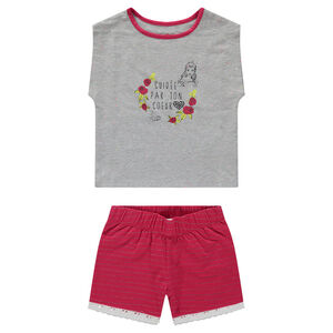 Pijama corto de camiseta estampada con Bella de ©Disney y short de rayas plateadas.  Main Pijama corto de camiseta estampada con Bella de ©Disney y short de rayas plateadas.