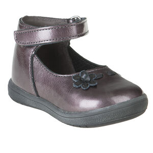 Babies gris métallisé en cuir avec lanière et fleur 